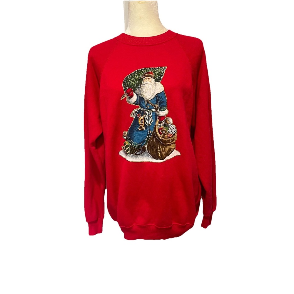 Vintage Hanes Sport Red Christmas Santa Claus Sweatshirt XL USA Made Raglan